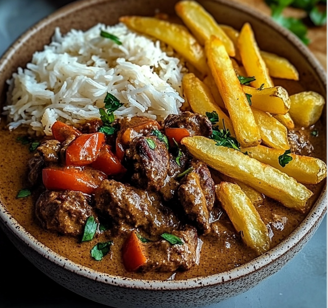 Creamy Coconut Curry Beef with Garlic Naan & Fries