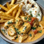 Coconut Chicken Curry with Crispy Fries and Warm Naan