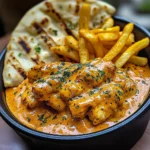 Creamy Butter Chicken with Garlic Drizzle, Fries & Warm Naan