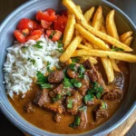Slow-Cooked Beef Coconut Curry with Rice & Crispy Fries