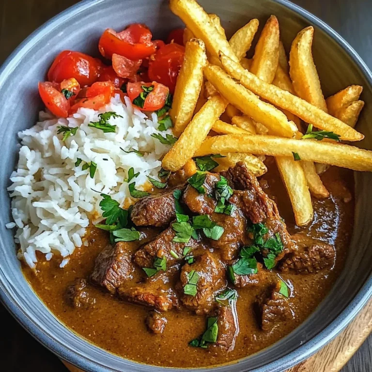 Slow-Cooked Beef Coconut Curry with Rice & Crispy Fries