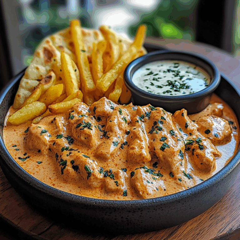 Creamy Butter Chicken with Garlic Drizzle, Golden Fries & Warm Naan