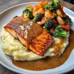 Cajun Salmon with Garlic Mashed Potatoes & Shrimp-Broccoli Saut