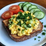 Creamy Scrambled Egg Toast with Fresh Cucumber & Tomato Slices