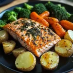 Garlic-Herb Salmon with Roasted Potatoes, Glazed Carrots & Broccoli