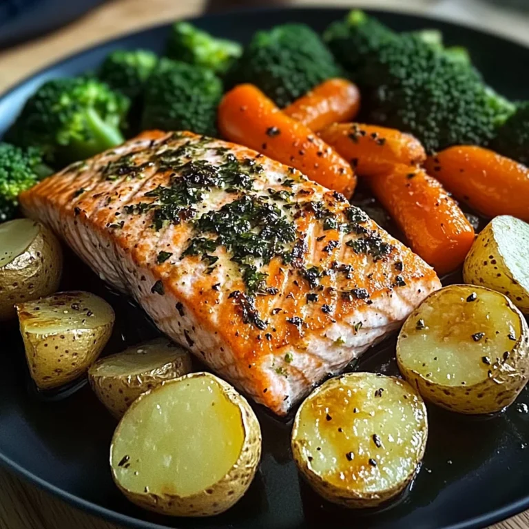 Garlic-Herb Salmon with Roasted Potatoes, Glazed Carrots & Broccoli