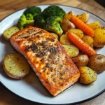 Garlic Butter Salmon with Roasted Potatoes, Glazed Carrots & Steamed Broccoli