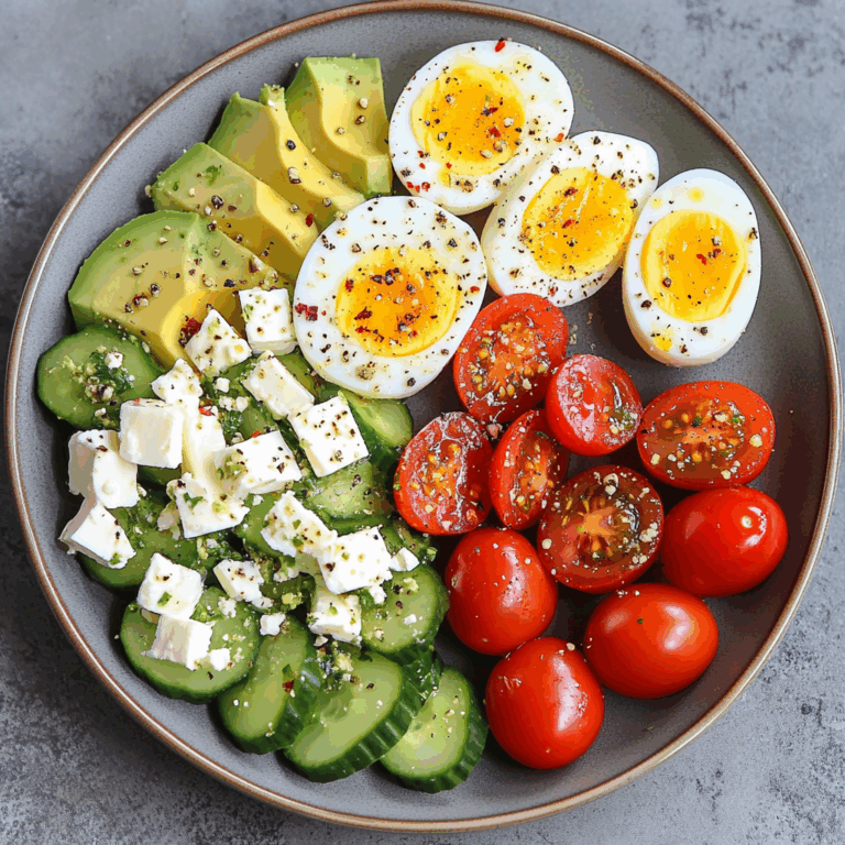 Avocado & Soft-Boiled Egg Breakfast Plate with Feta, Olives & Veggies