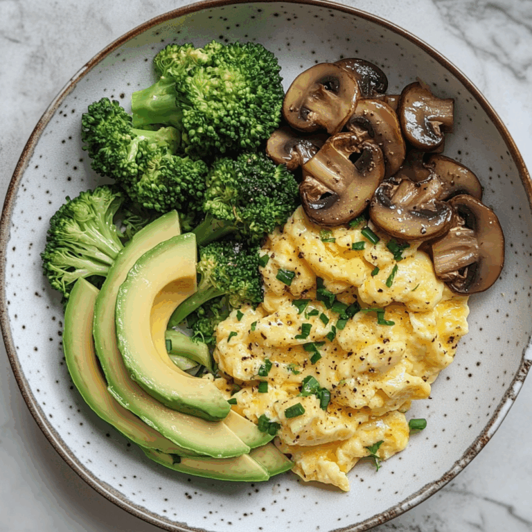 Creamy Scrambled Eggs with Avocado, Sautéed Mushrooms & Broccoli