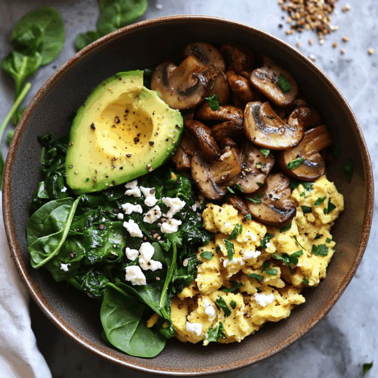 Creamy Scrambled Eggs with Sautéed Mushrooms, Spinach & Avocado