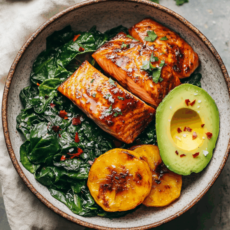 Glazed Salmon with Plantains, Spinach & Avocado Bliss Bowl