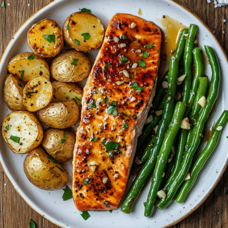 Honey-Glazed Salmon with Garlic Green Beans & Crispy Potatoes
