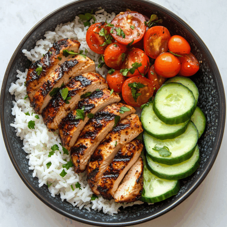 Grilled Chicken with Rice and Fresh Tomato-Cucumber Salad
