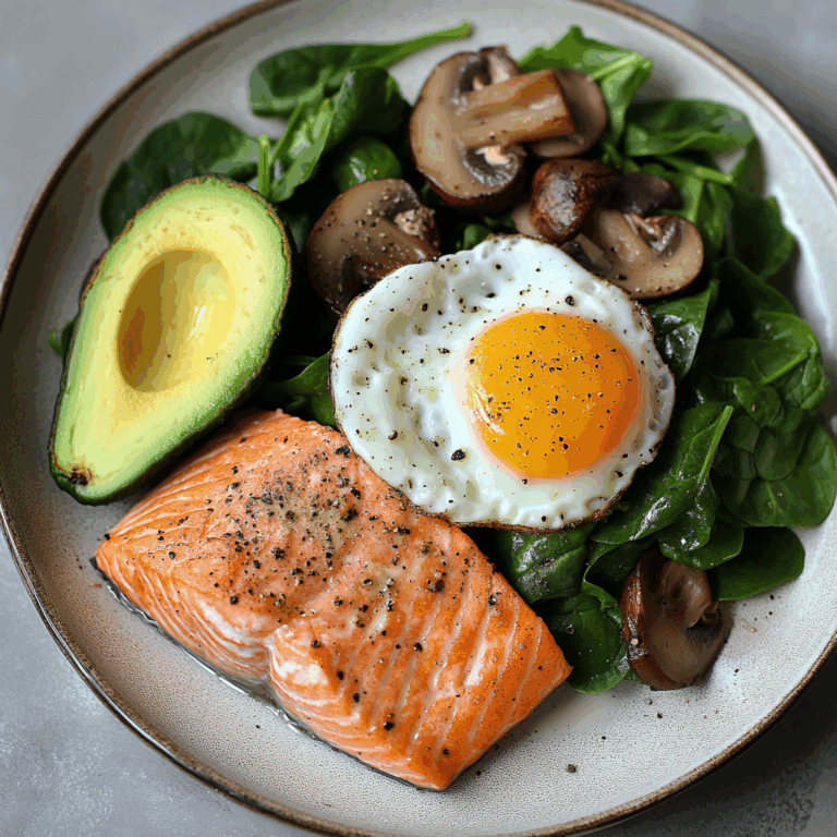 Pan-Seared Salmon with Sunny Egg, Sautéed Spinach, Mushrooms & Avocado