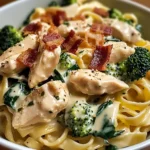 Chicken, Bacon & Spinach Alfredo Fettuccine with Broccoli