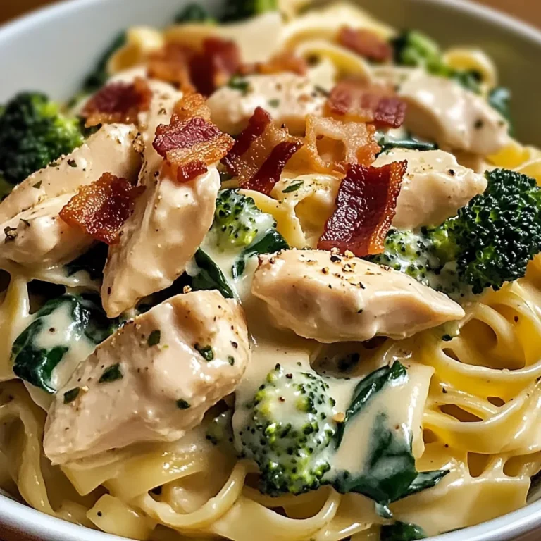 Chicken, Bacon & Spinach Alfredo Fettuccine with Broccoli