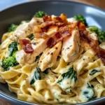 Creamy Chicken Bacon Spinach Fettuccine with Broccoli