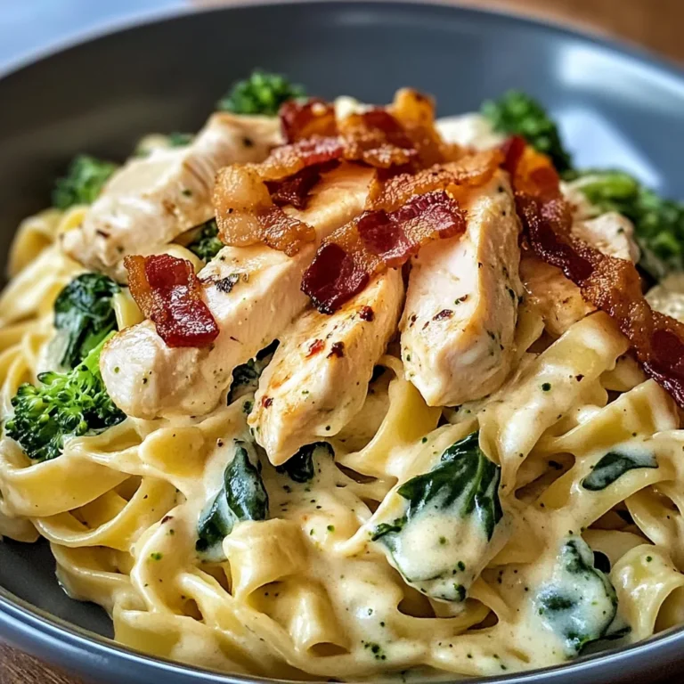 Creamy Chicken Bacon Spinach Fettuccine with Broccoli