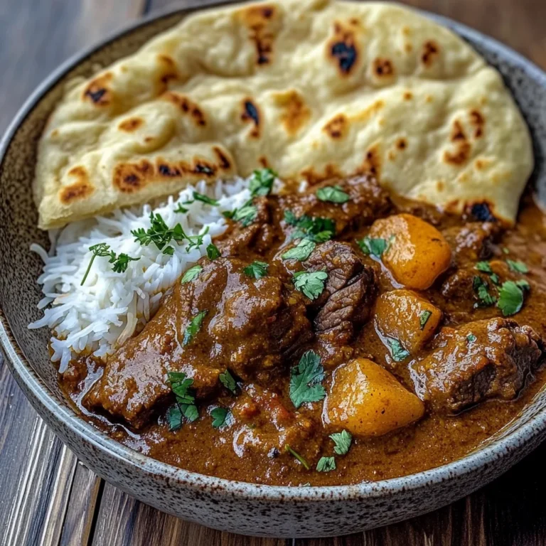 Slow-Cooked Beef Curry with Creamy Coconut Sauce & Garlic Naan