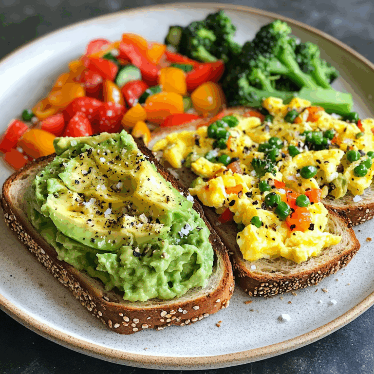 Rainbow Avocado Toast with Scrambled Eggs & Veggie Medley