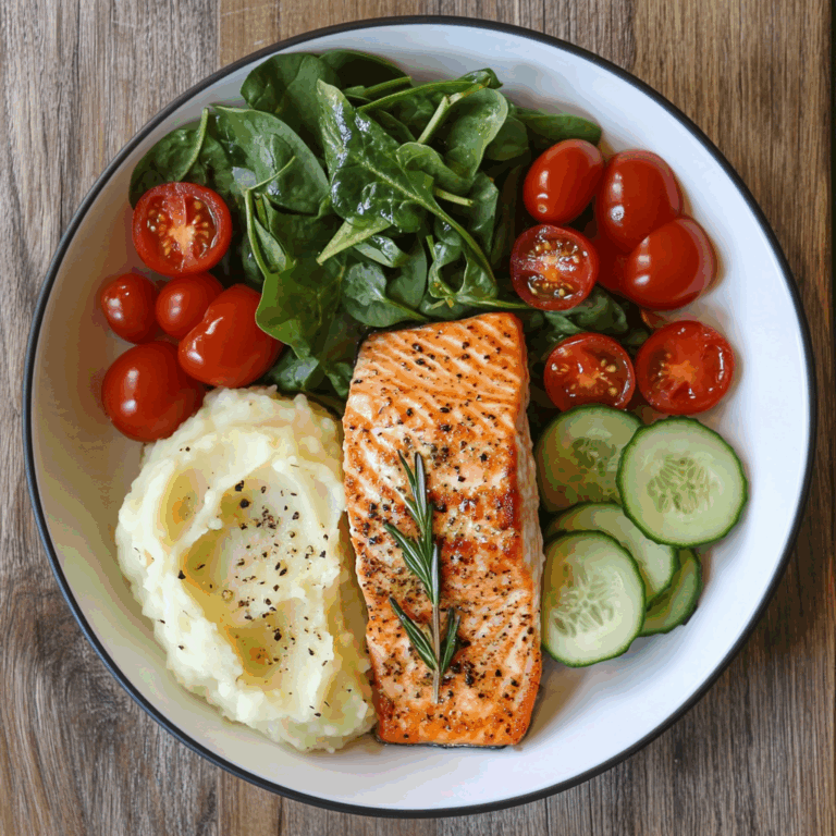 Rosemary Salmon with Mashed Potatoes & Fresh Garden Salad