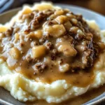 Delicious chicken hamburger Gravy Over Mashed Potatoes
