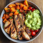 Grilled Chicken Power Bowl with Spiced Sweet Potato Wedges & Avocado Cream