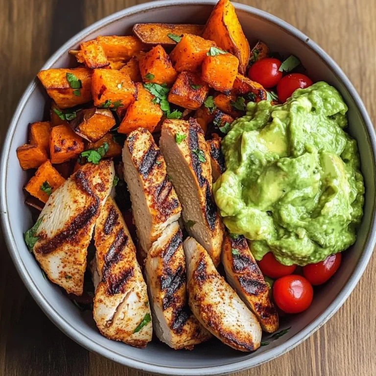 Grilled Chicken Power Bowl with Spiced Sweet Potato Wedges & Avocado Cream