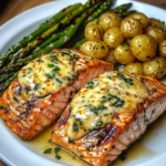 Grilled Salmon with Garlic Potatoes & Cheesy Asparagus