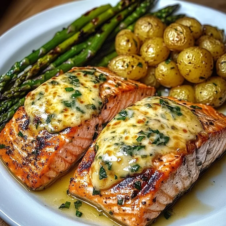 Grilled Salmon with Garlic Potatoes & Cheesy Asparagus