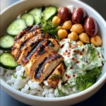 Mediterranean Grilled Chicken Bowl with Rice, Chickpeas & Tzatziki