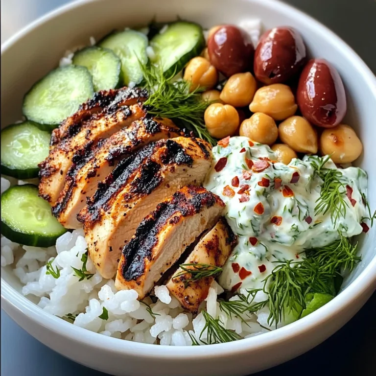 Mediterranean Grilled Chicken Bowl with Rice, Chickpeas & Tzatziki