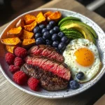 Steak & Sunny Eggs Power Plate with Sweet Potato, Avocado & Berries