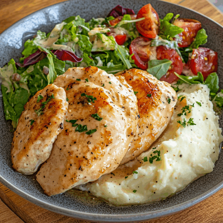 Golden Pan-Seared Chicken Breast with Creamy Mashed Potatoes & Fresh Garden Salad