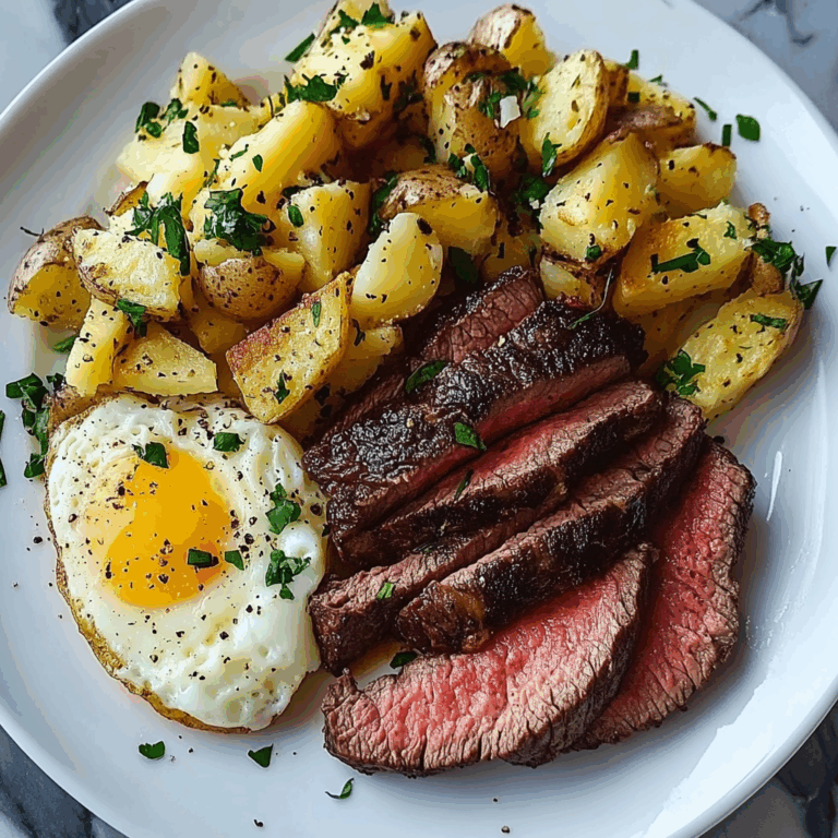 Steak, Cheesy Scrambled Eggs & Herb Potatoes