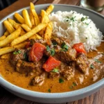 Creamy Coconut Curry Beef with Rice and Fries