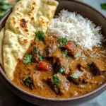 Creamy Coconut Curry Beef with Rice and Garlic Naan