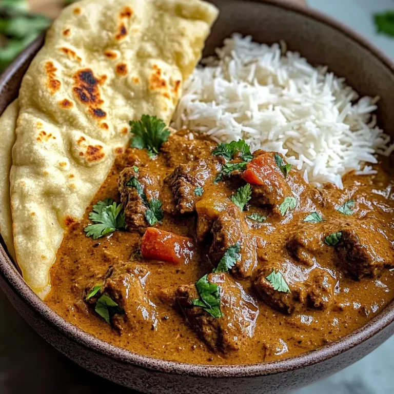 Creamy Coconut Curry Beef with Rice and Garlic Naan