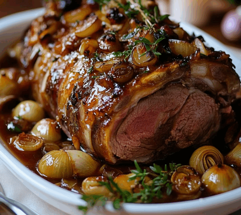 Slow-Roasted Lamb Shoulder with Roasted Garlic, Caramelized Onions & Honey Herb Glaze