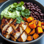 Chipotle Chicken Bowl with Black Beans, Sweet Potatoes, and Cilantro Lime Sauce