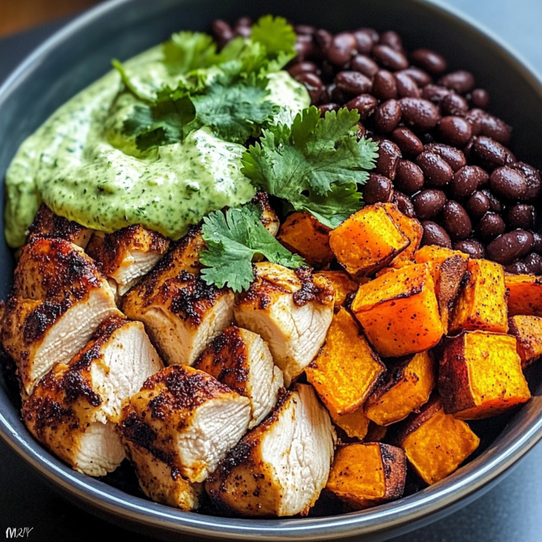 Chipotle Chicken Bowl with Black Beans, Sweet Potatoes, and Cilantro Lime Sauce